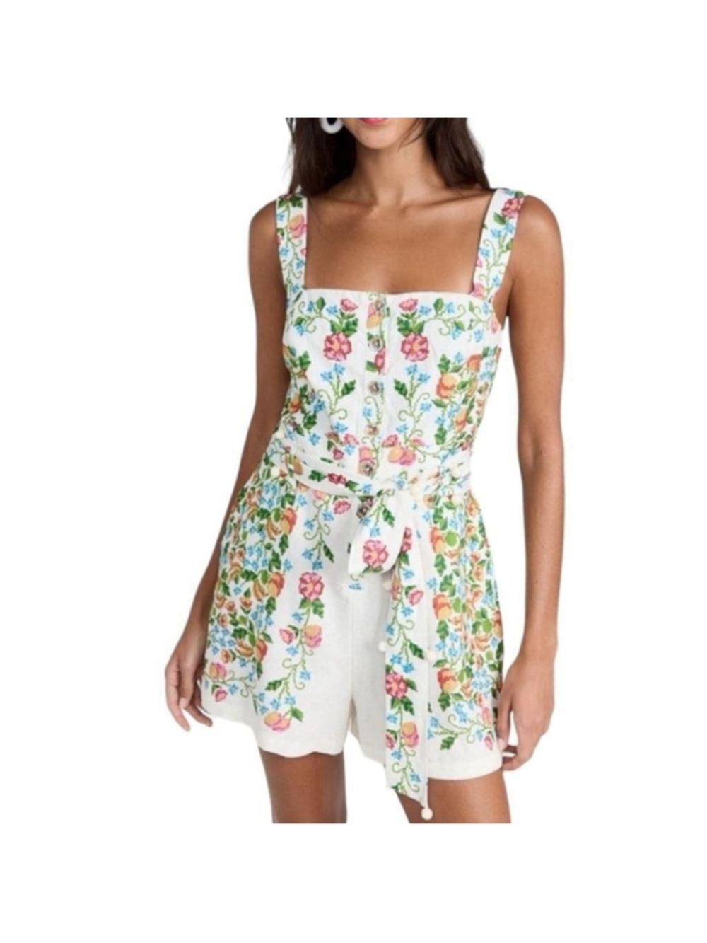 Farm Rio Crosstitch Floral Belted Romper linen blend off-white Cottagecore Sz XL - Picture 4 of 15